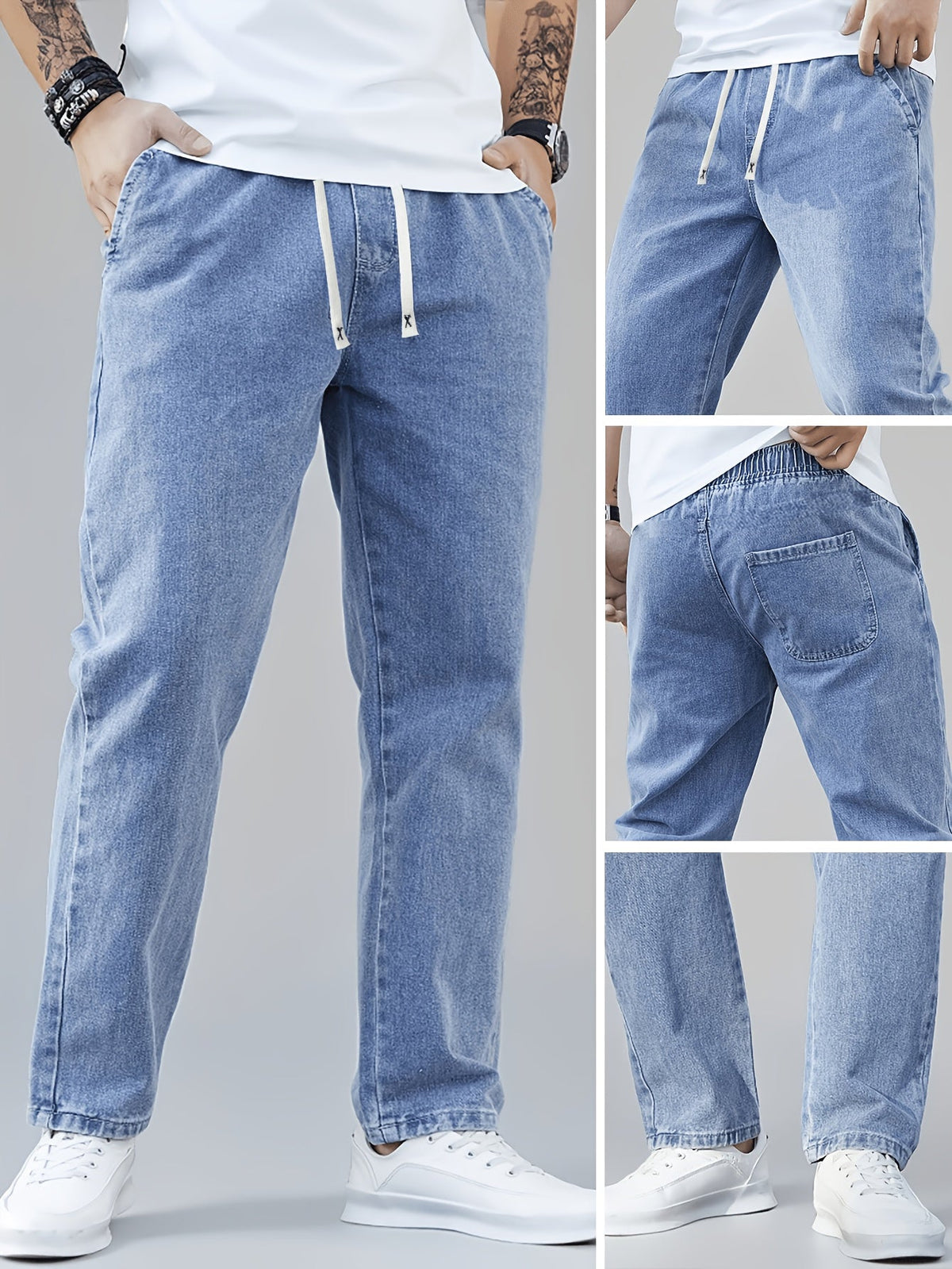 Detailopname van het verstelbare trekkoord en de gewassen afwerking van de blauwe heren jeans.