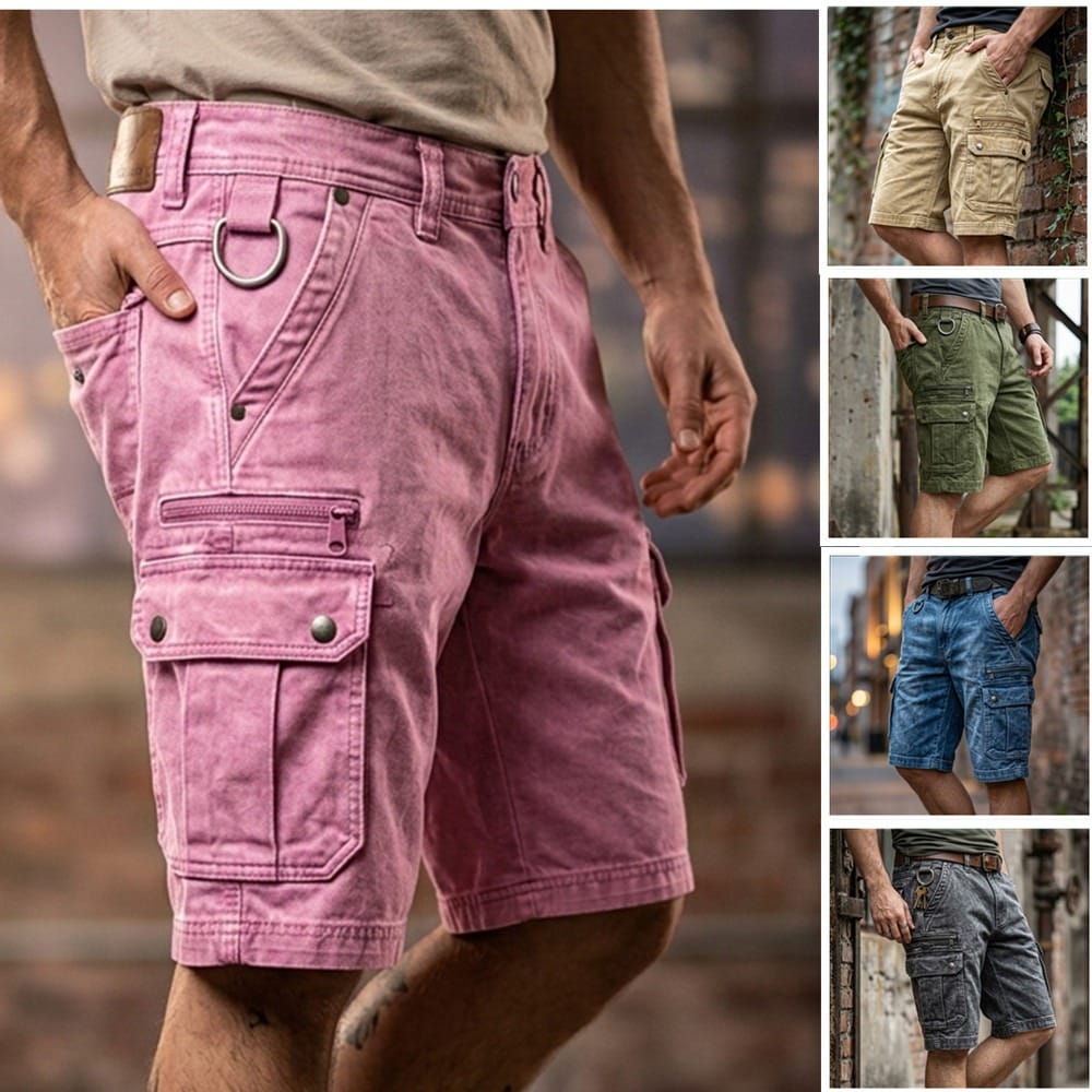 Elias comfortabele denim cargoshorts in groene kleur, liggend op een plat oppervlak, toont de volledige lengte.