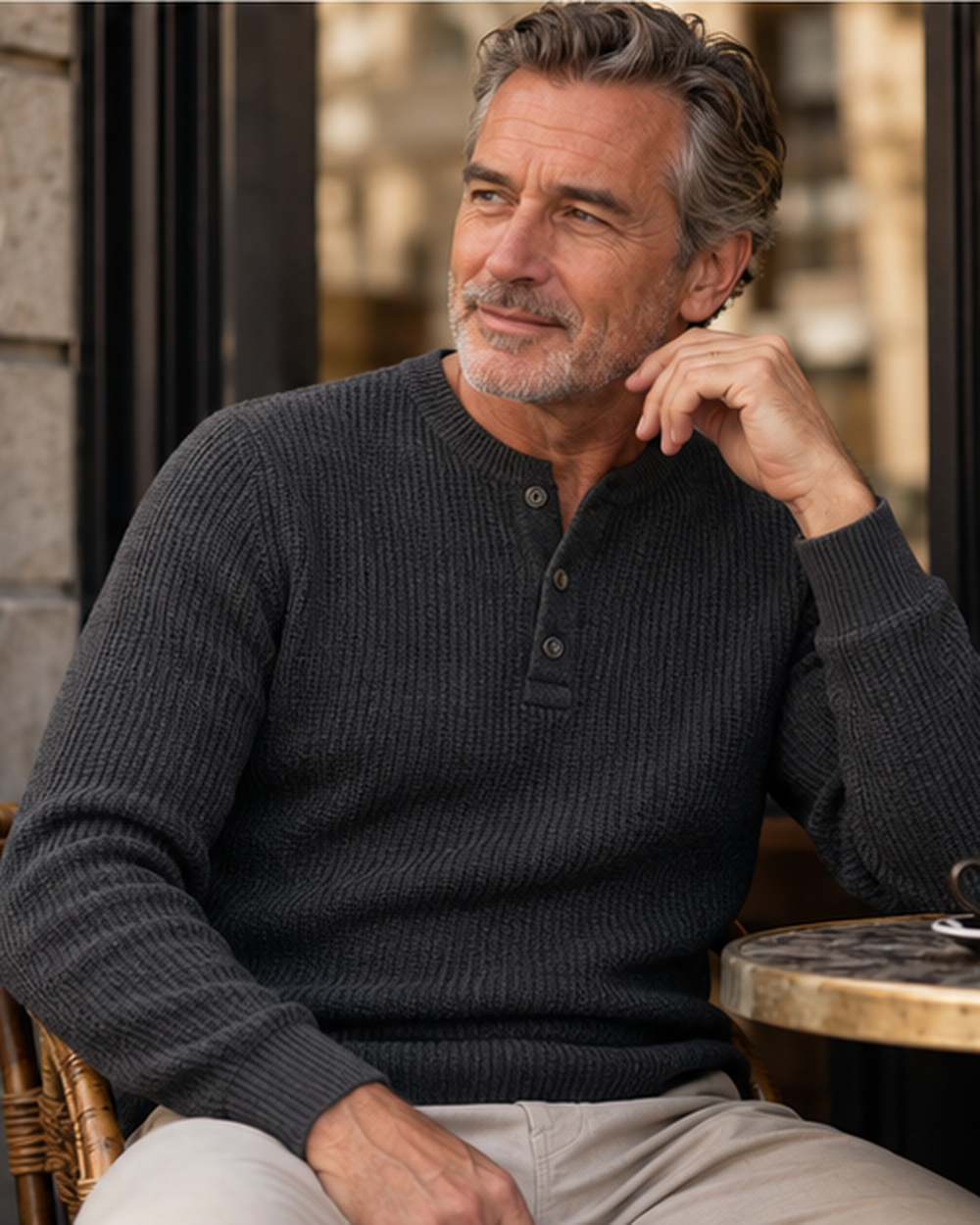 Lifestylefoto van het Etienne geribd Henleyshirt in donkergrijs op een man van circa 55–65 jaar.