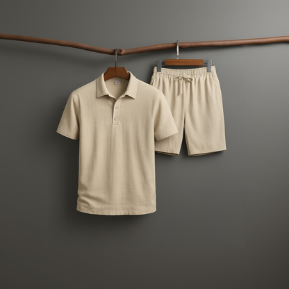 Voorbeeld van het Felix poloshirt in zandkleur, een klassiek herenpoloshirt met korte mouwen.