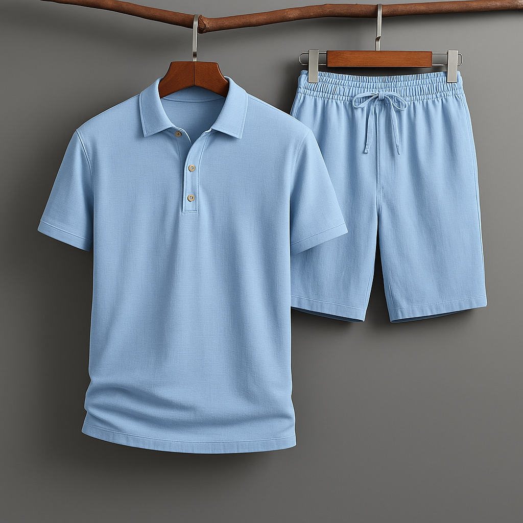 Detailopname van de stof van het Felix poloshirt, de fijne linnen-katoenmix is duidelijk zichtbaar.