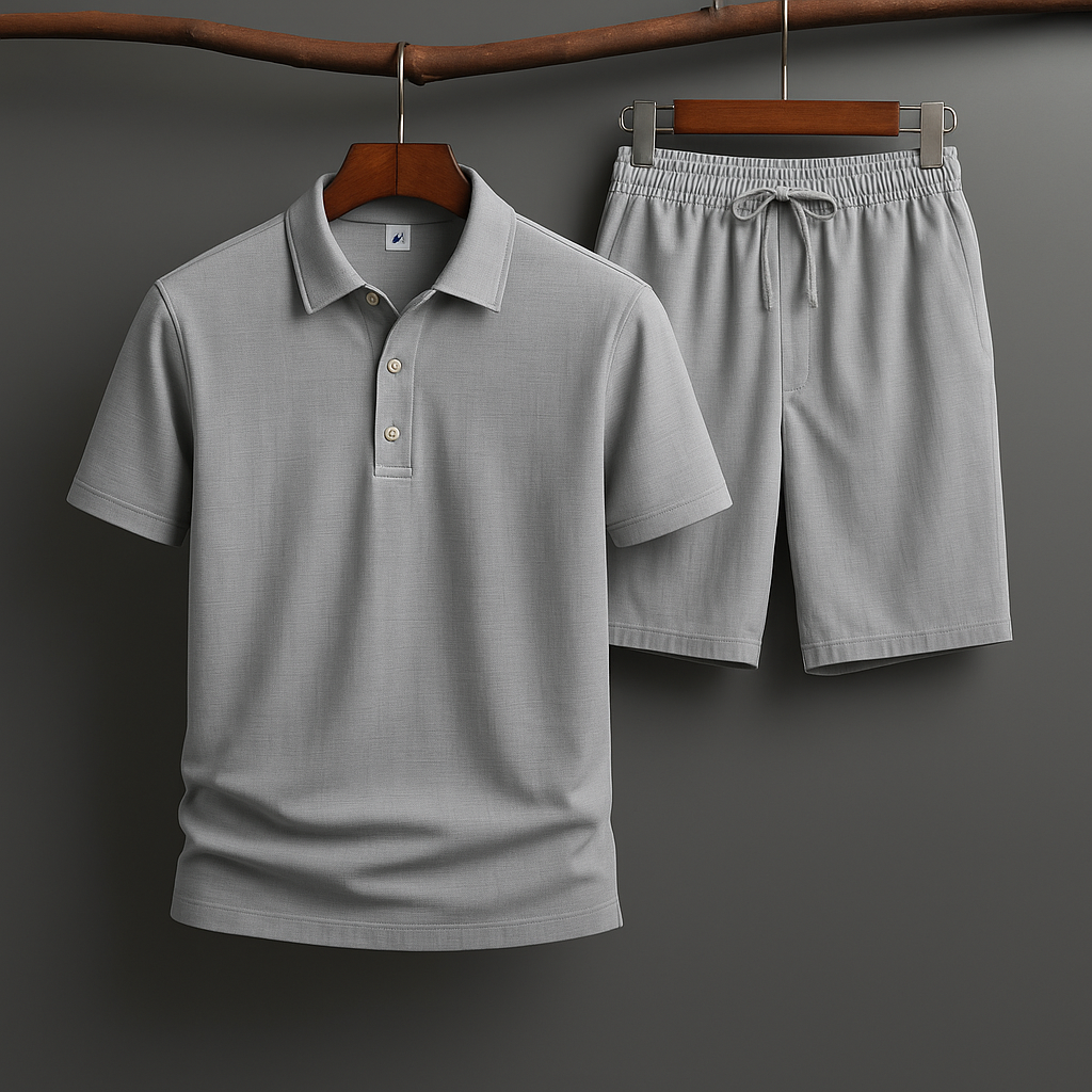 Het Felix poloshirt in grijze tint, casual gedragen door een model in een ontspannen setting.