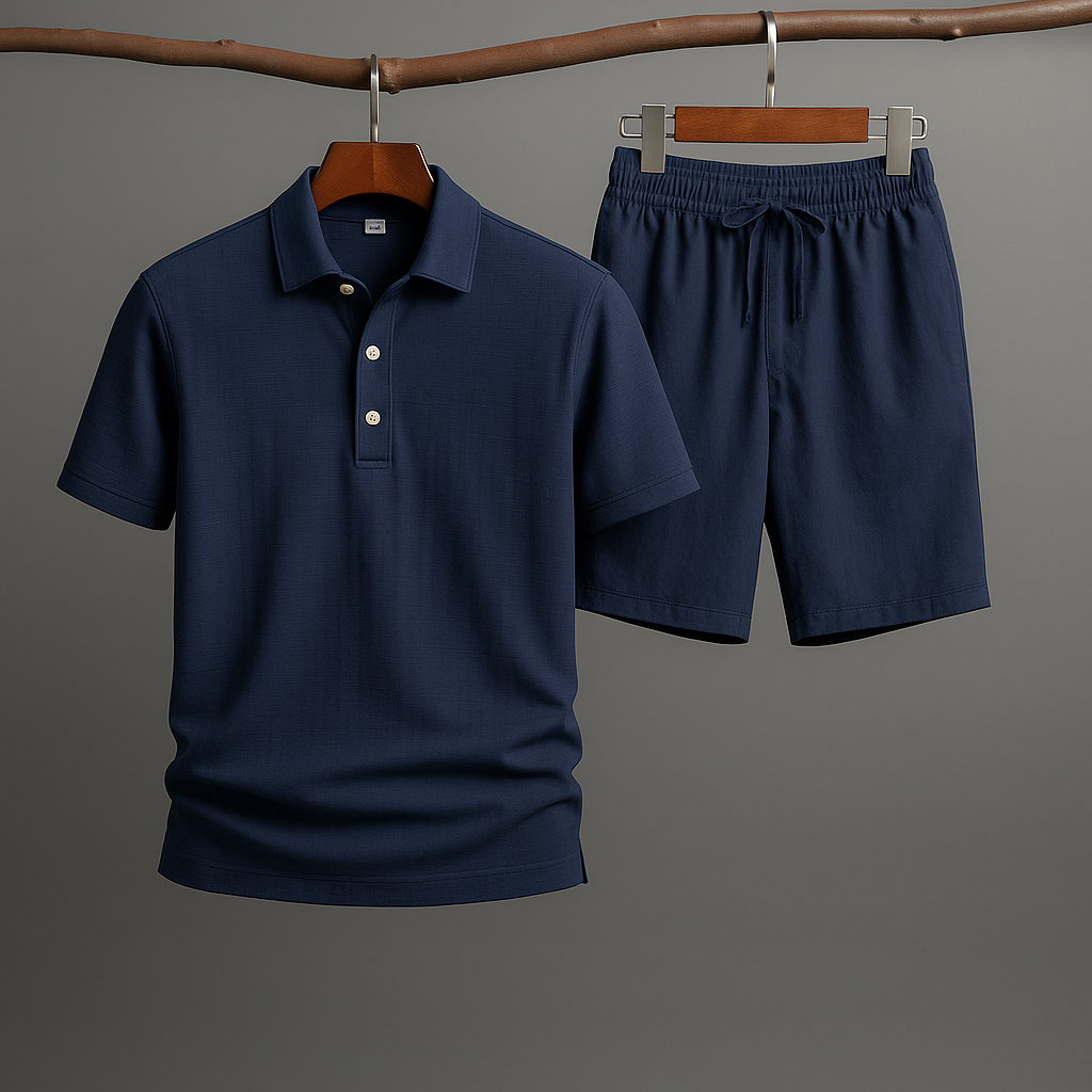 Achterkant van het marineblauwe Felix poloshirt, met een focus op de rug en schouders.