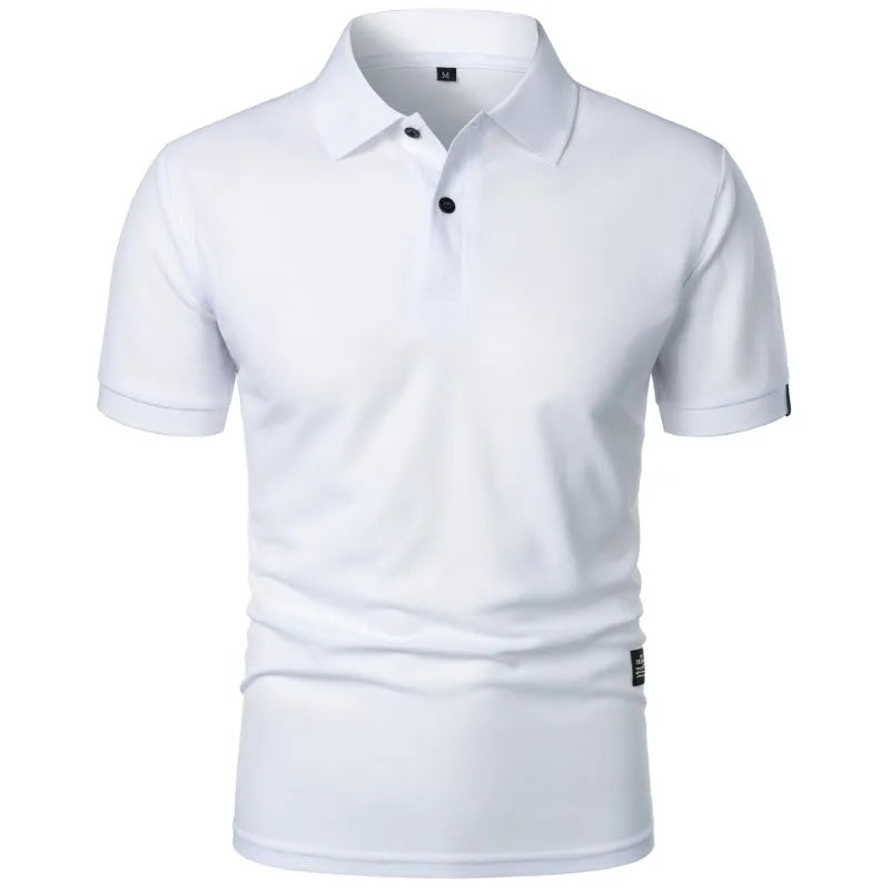 Zijaanzicht van het stijlvolle Floris poloshirt in wit, perfect voor een zomerse dag op kantoor.