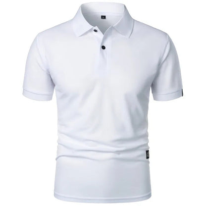Zijaanzicht van het stijlvolle Floris poloshirt in wit, perfect voor een zomerse dag op kantoor.