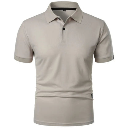 Close-up van de kraag van een grijs Floris poloshirt, waaruit de kreukvrije kwaliteit duidelijk blijkt.