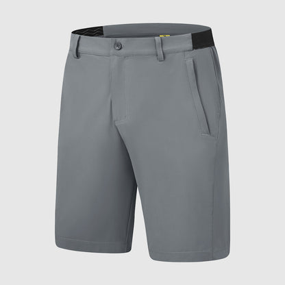 Meerdere kleuren Gideon functionele stretch golfshorts netjes opgestapeld, wat de beschikbare opties toont