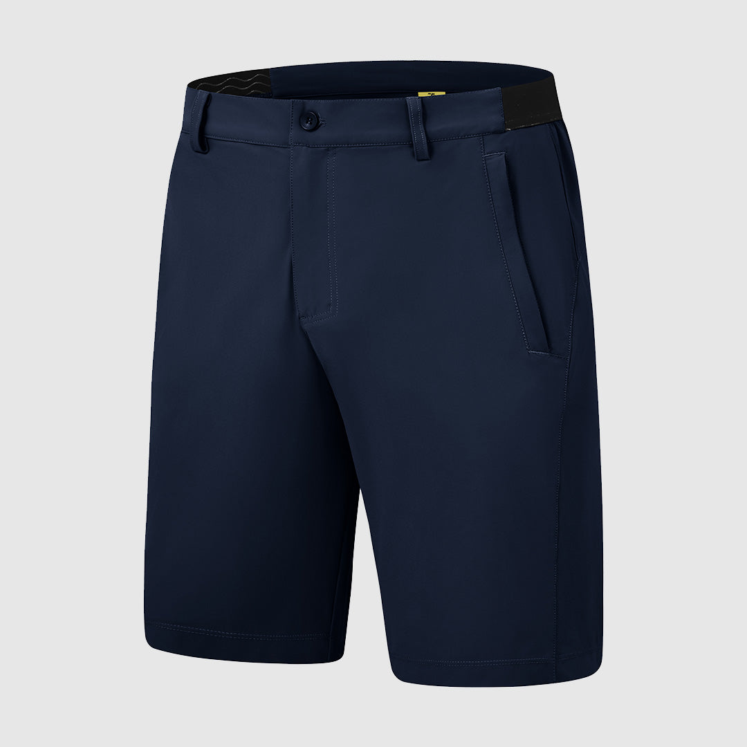 Een close-up van de ritssluiting en knoopsluiting van de Gideon functionele stretch golfshorts