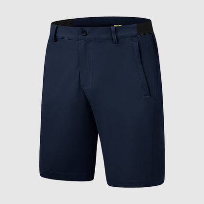 Een close-up van de ritssluiting en knoopsluiting van de Gideon functionele stretch golfshorts