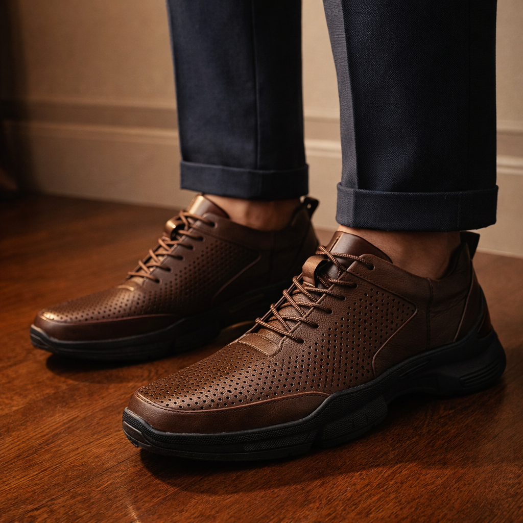 Zijaanzicht van de Gideon leren schoenen, waarbij het ademende geperforeerde bovenwerk goed te zien is.