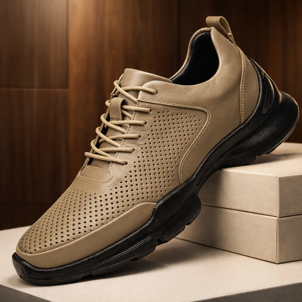 Detailopname van de Gideon schoenen in kaki, focus op de textuur van het echte leer en de stiksels.