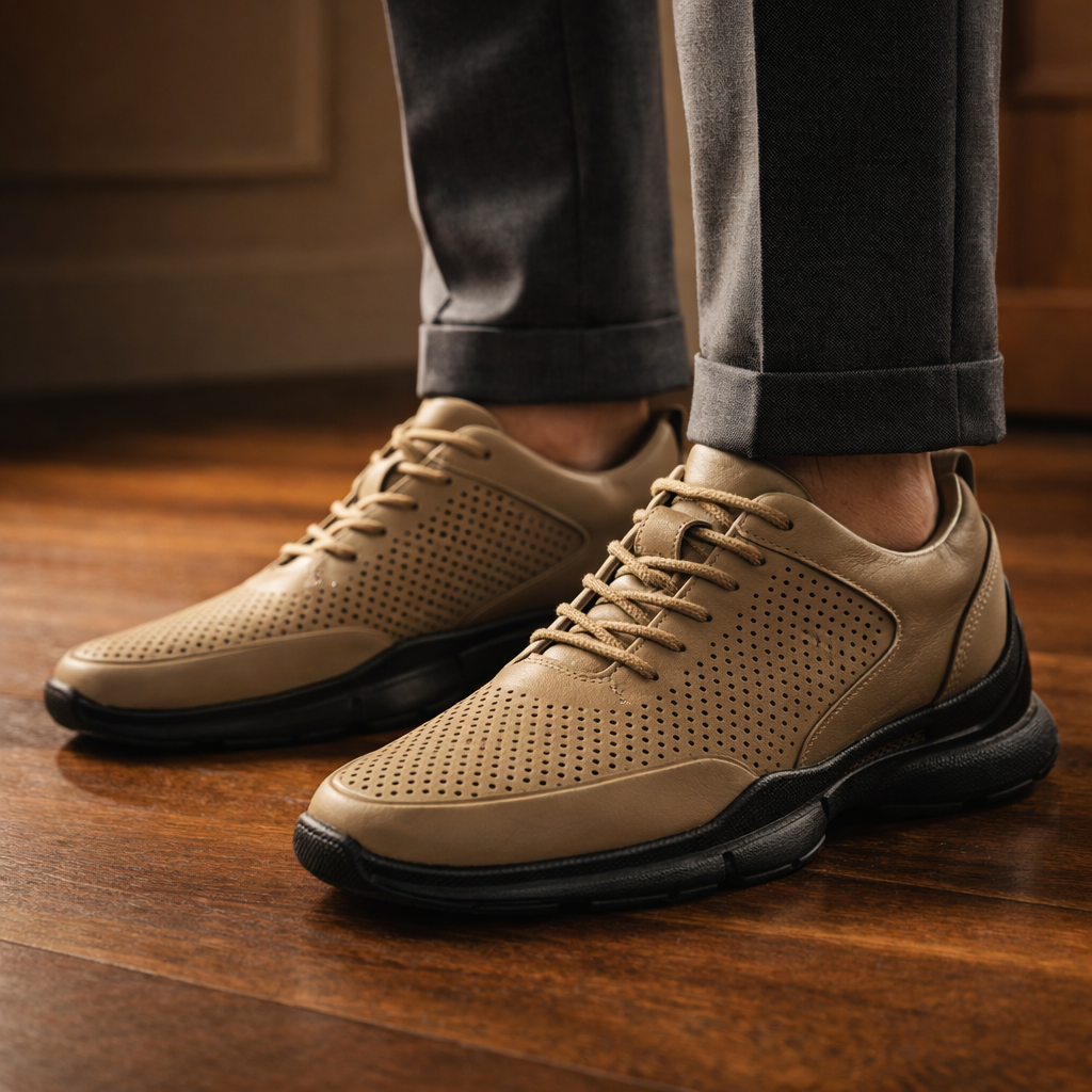 Gideon herenschoenen in zwarte uitvoering, gedragen door een man in een casual setting, volledig lichaam.