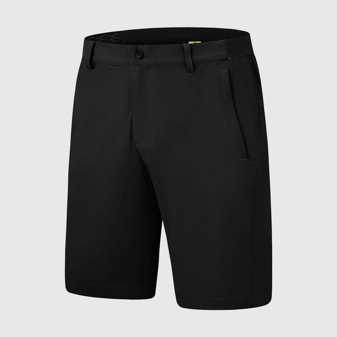Detailopname van de ademende stof van de Gideon functionele stretch golfshorts, met een lichteffect dat de structuur toont
