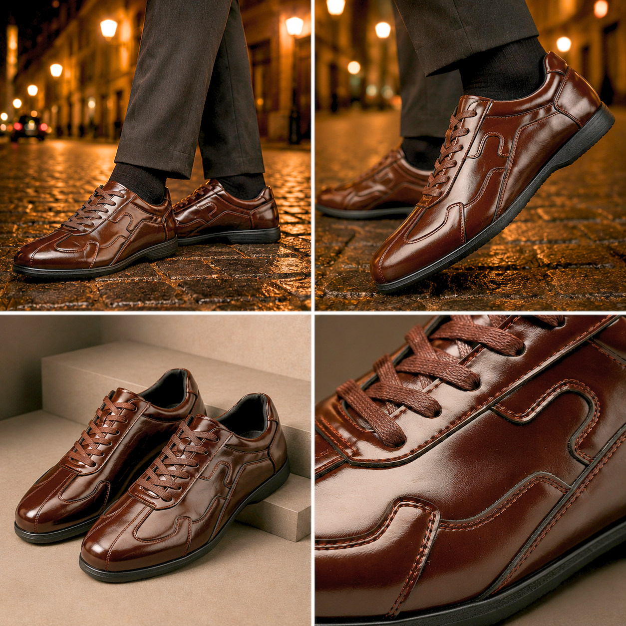 Vooraanzicht van de Silas bruine leren sneakers, duidelijk de neus en de vorm van de klassieke sneaker tonend.