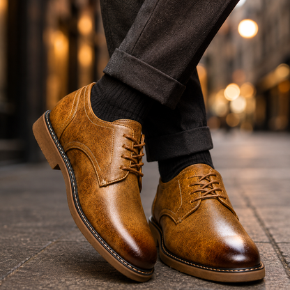 De Leon geklede schoenen in khaki, gepresenteerd op een witte achtergrond, met de nadruk op de kleur en het design.
