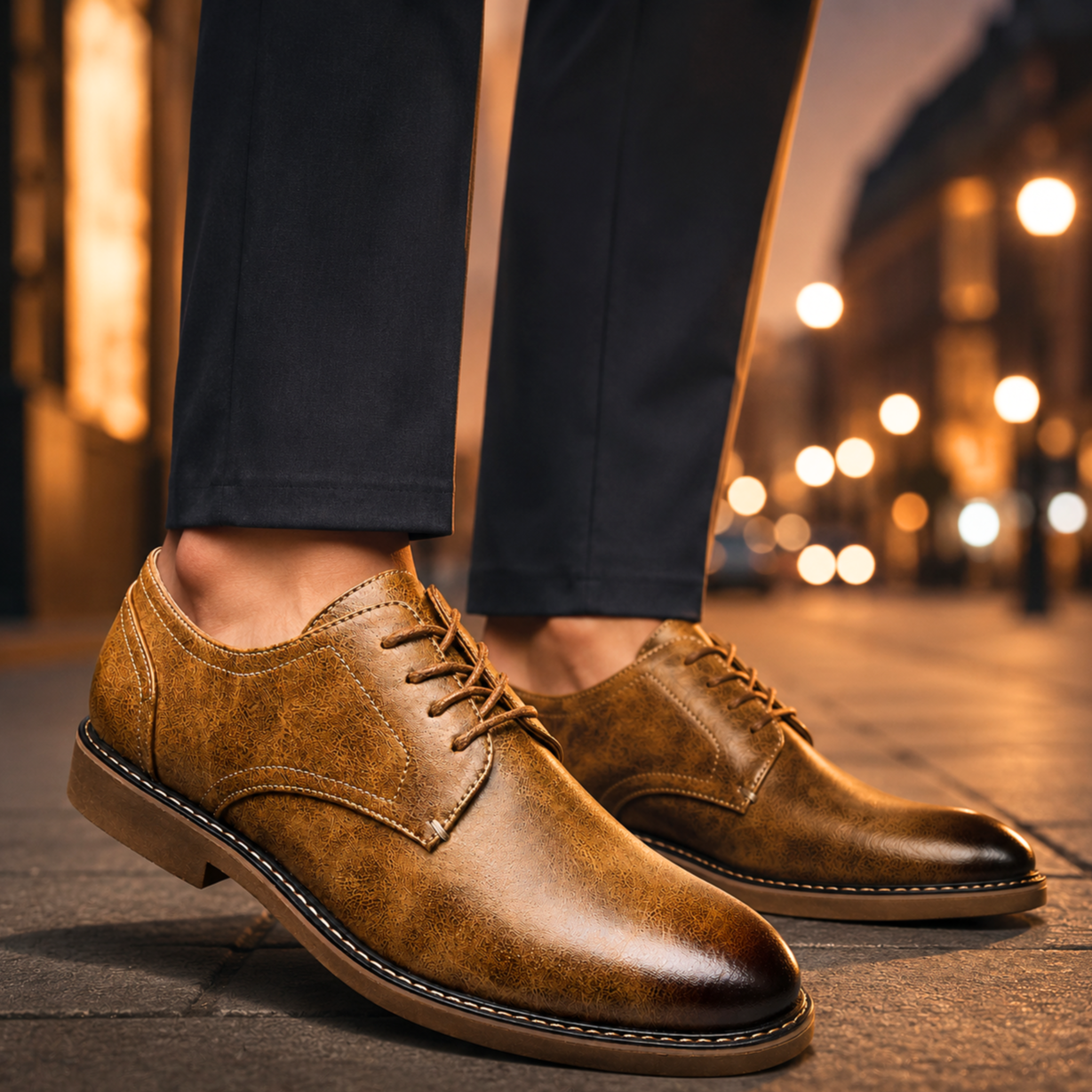 Detail van de veters van de bruine leren geklede schoenen, die stevigheid en stijl combineren.