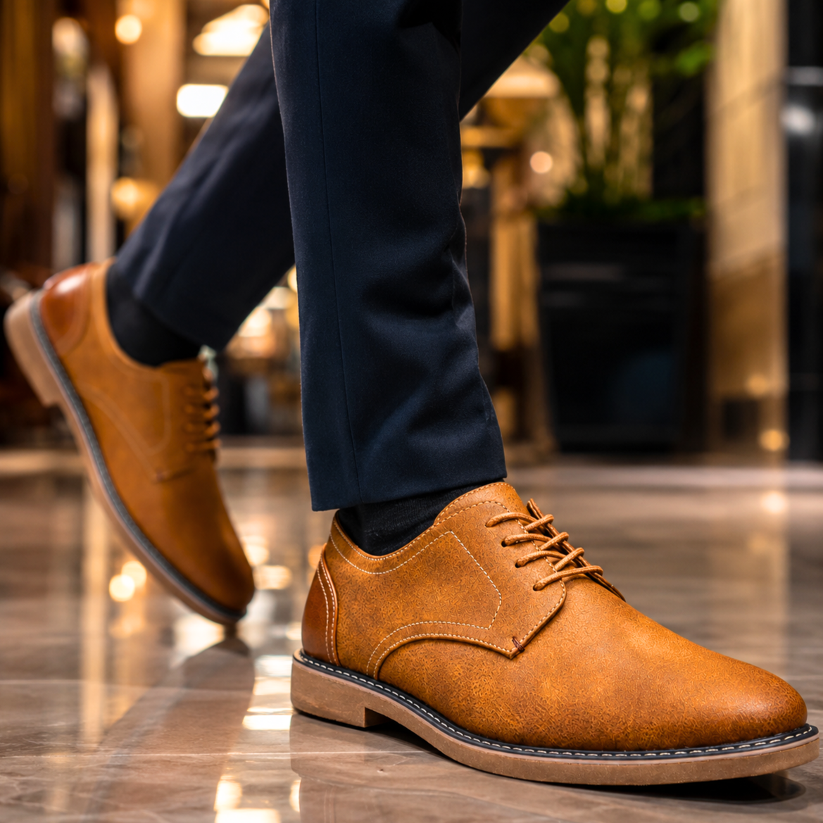 De Leon geklede schoenen in de kleur khaki, gepresenteerd vanuit een lichte hoek op een neutrale ondergrond.