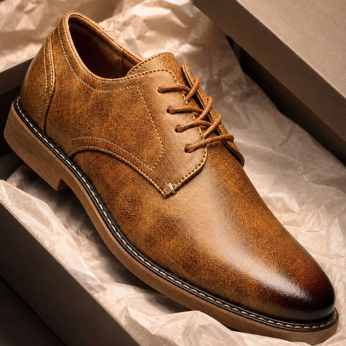 Een detailopname van de ergonomisch gedempte zool van de Leon geklede schoenen, wat het comfort illustreert.