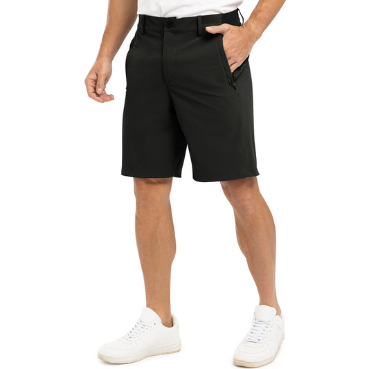 Zwarte Levy stretch golfshorts voor heren, frontaal gepresenteerd op een effen achtergrond.