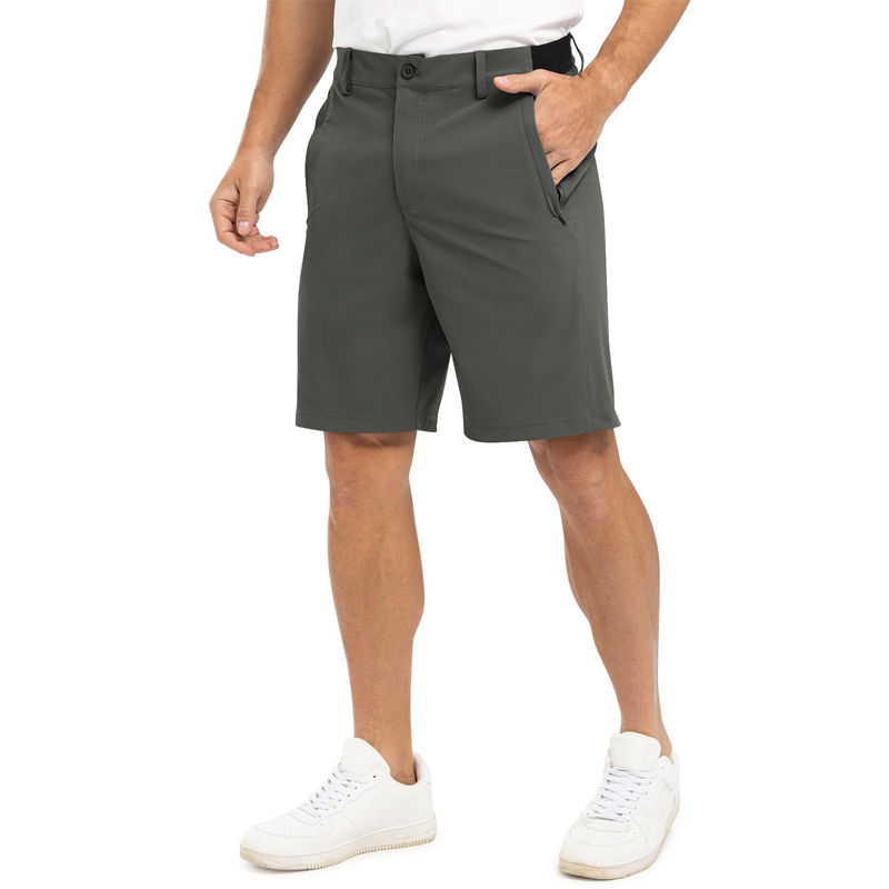 Dunkelgraue Levy stretch golfshorts, close-up van de textuur en de comfortabele tailleband.