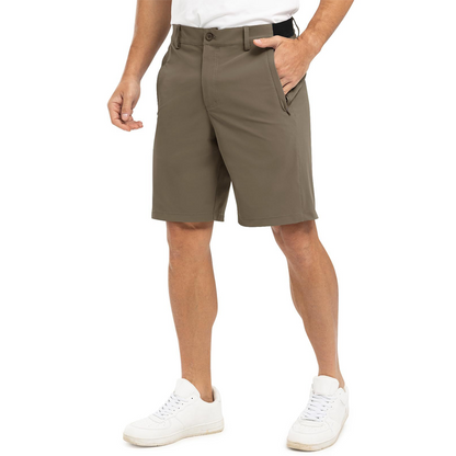 Bruine Levy stretch golfshorts, detail van de knoopsluiting en de ritssluiting.