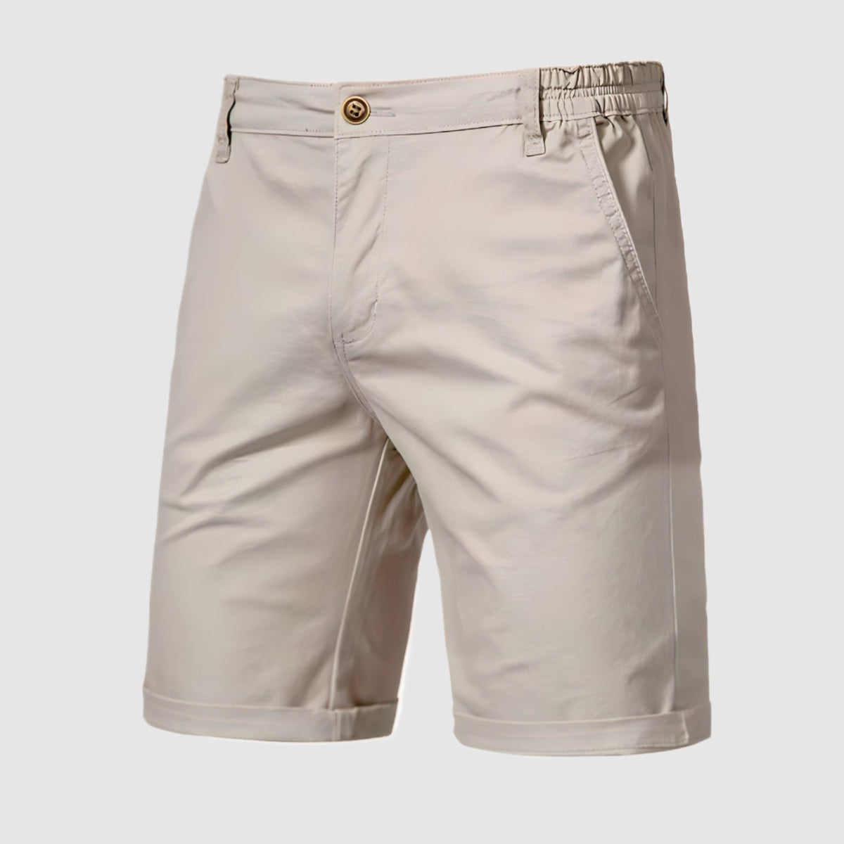 Stapel van verschillende kleuren Loris katoenen shorts, van licht naar donker, wat de veelzijdigheid benadrukt.