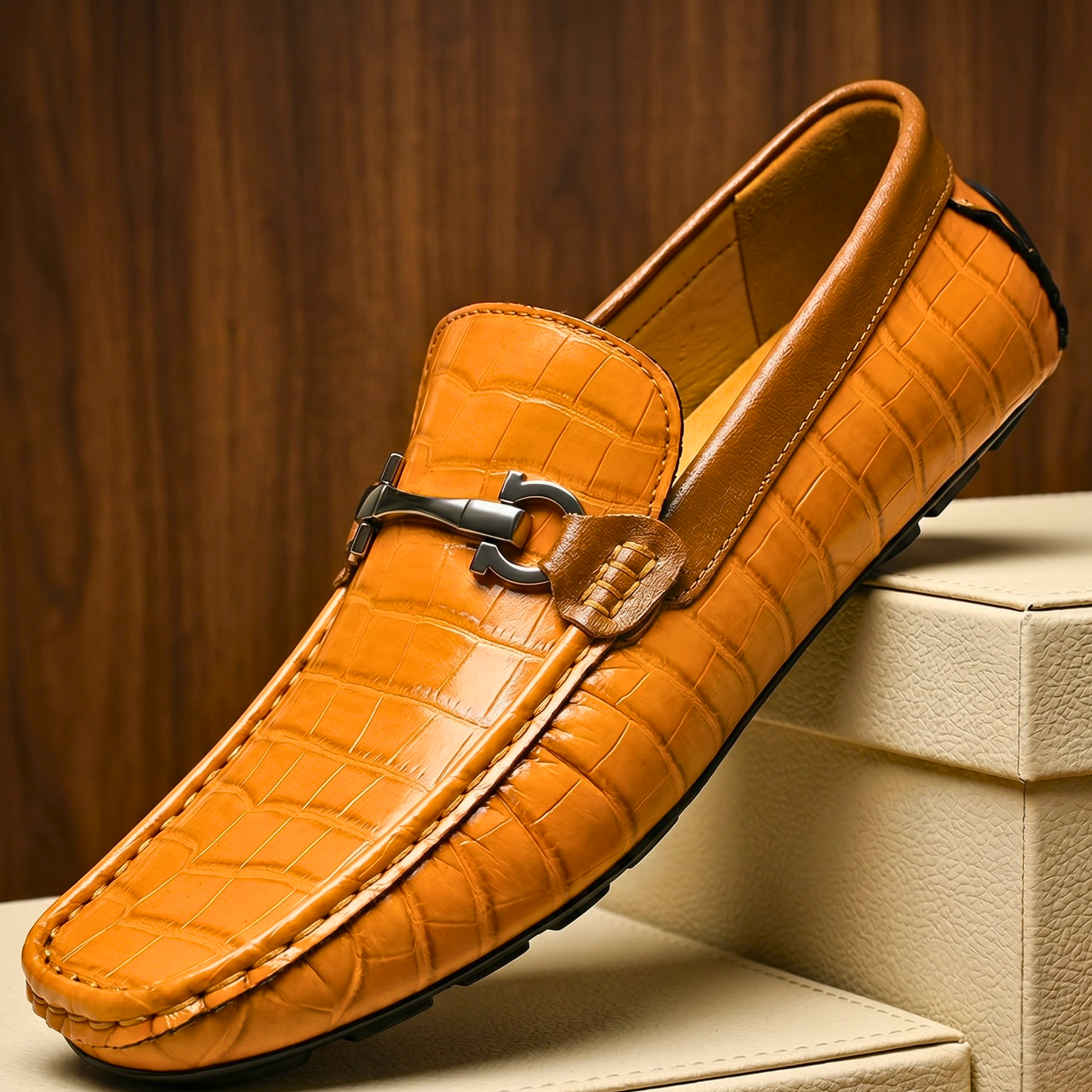 Zijaanzicht van de Lukas cognacbruine leren loafers met verfijnde gespdetail op een lichte achtergrond.
