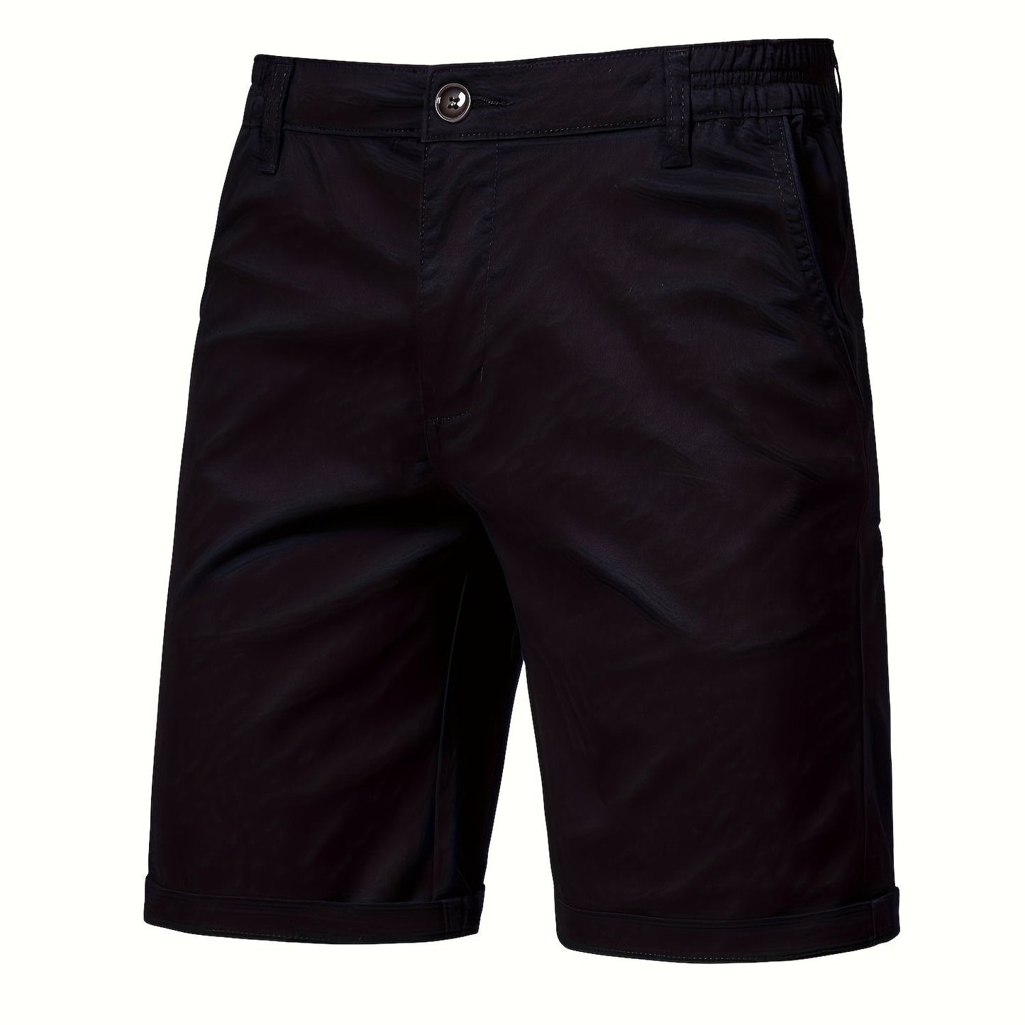 Marineblauwe katoenen shorts, model staand in een stedelijke omgeving.