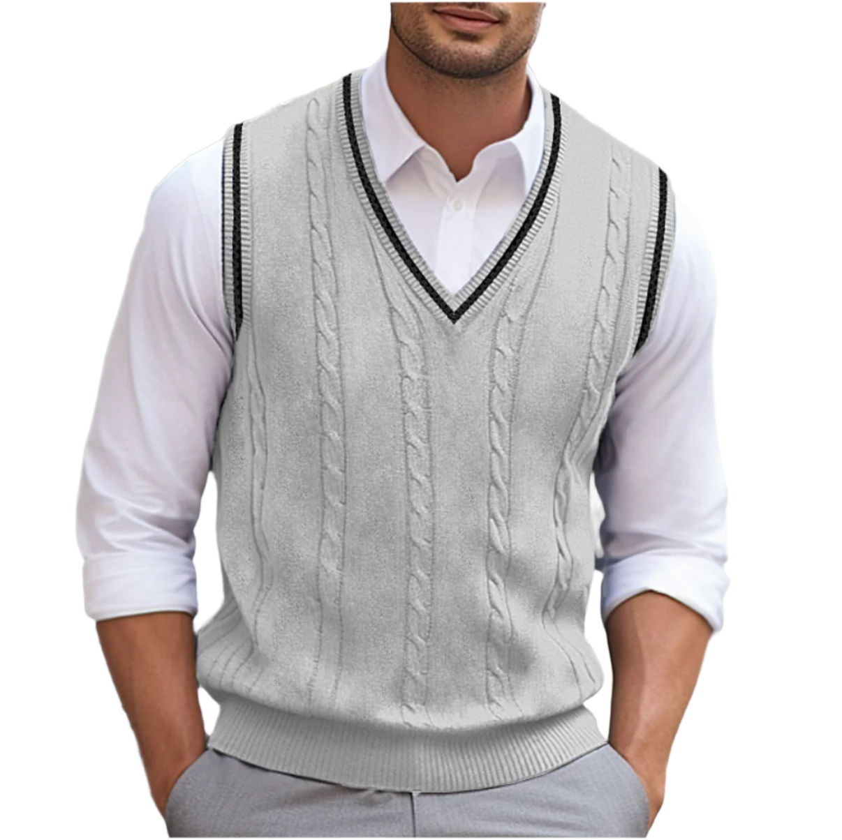 Zijaanzicht van het mouwloze vest in lichtgrijs, tonend de comfortabele pasvorm van het Nils vest.