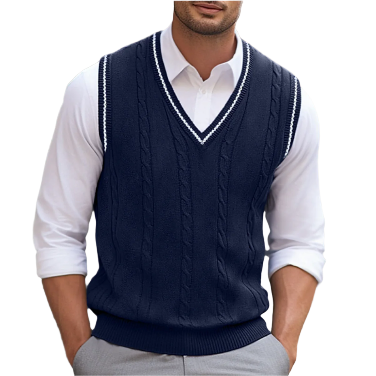 Een man draagt het donkerblauwe Nils mouwloze vest in een kantoorachtige setting.