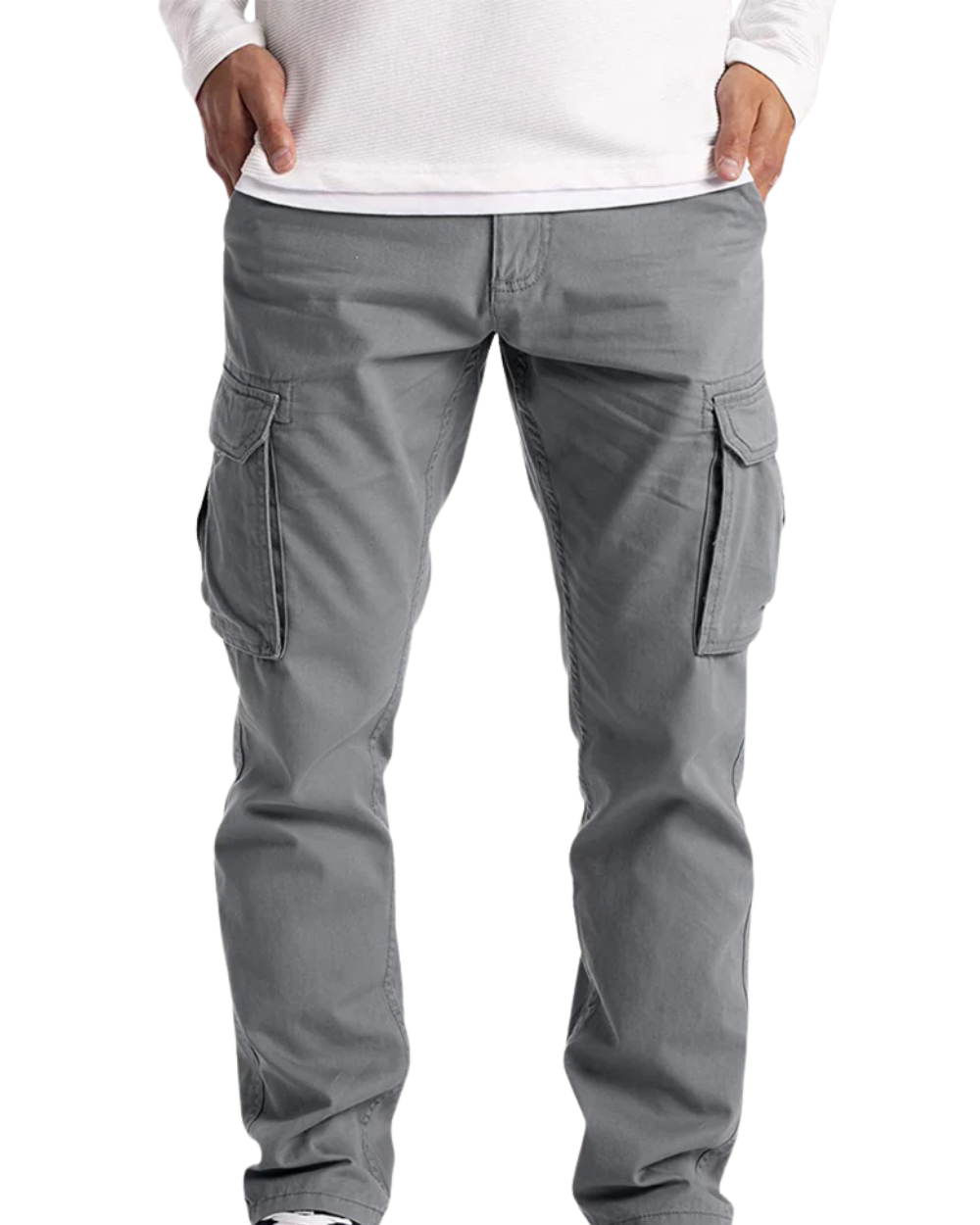 Voorbeeld van de Rafael heren cargo broek in een neutrale kleur, van voren gezien, met alle zakken zichtbaar.