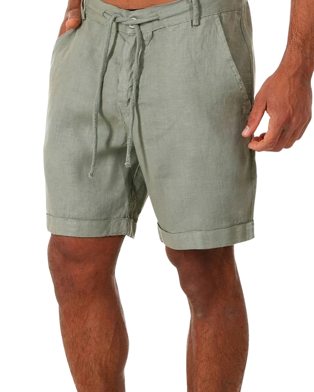 Vooraanzicht van lichtblauwe Reuben linnen shorts voor heren, comfortabel en stijlvol voor de zomer.