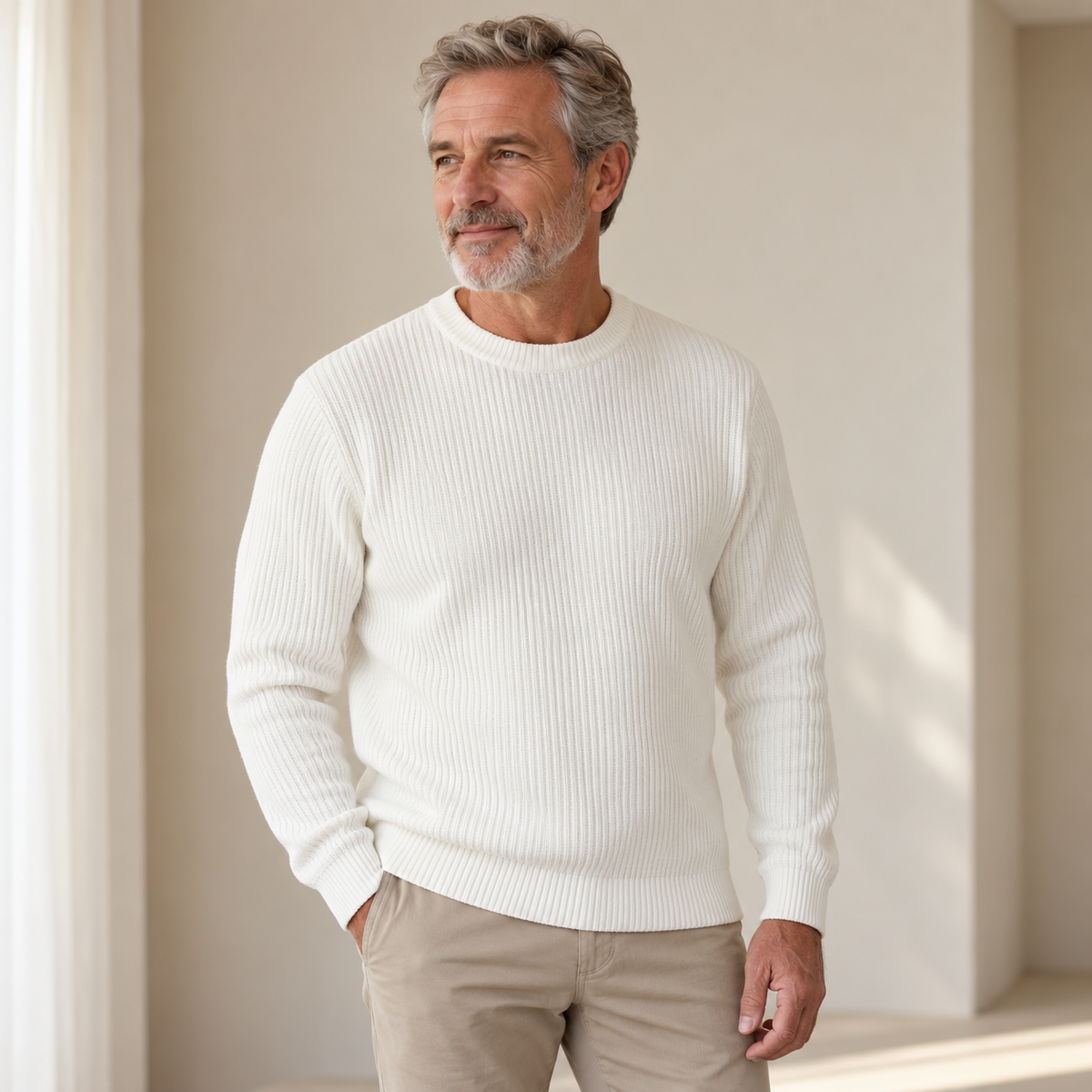 Rowan geribbelde sweater wit gedragen door volwassen herenmodel