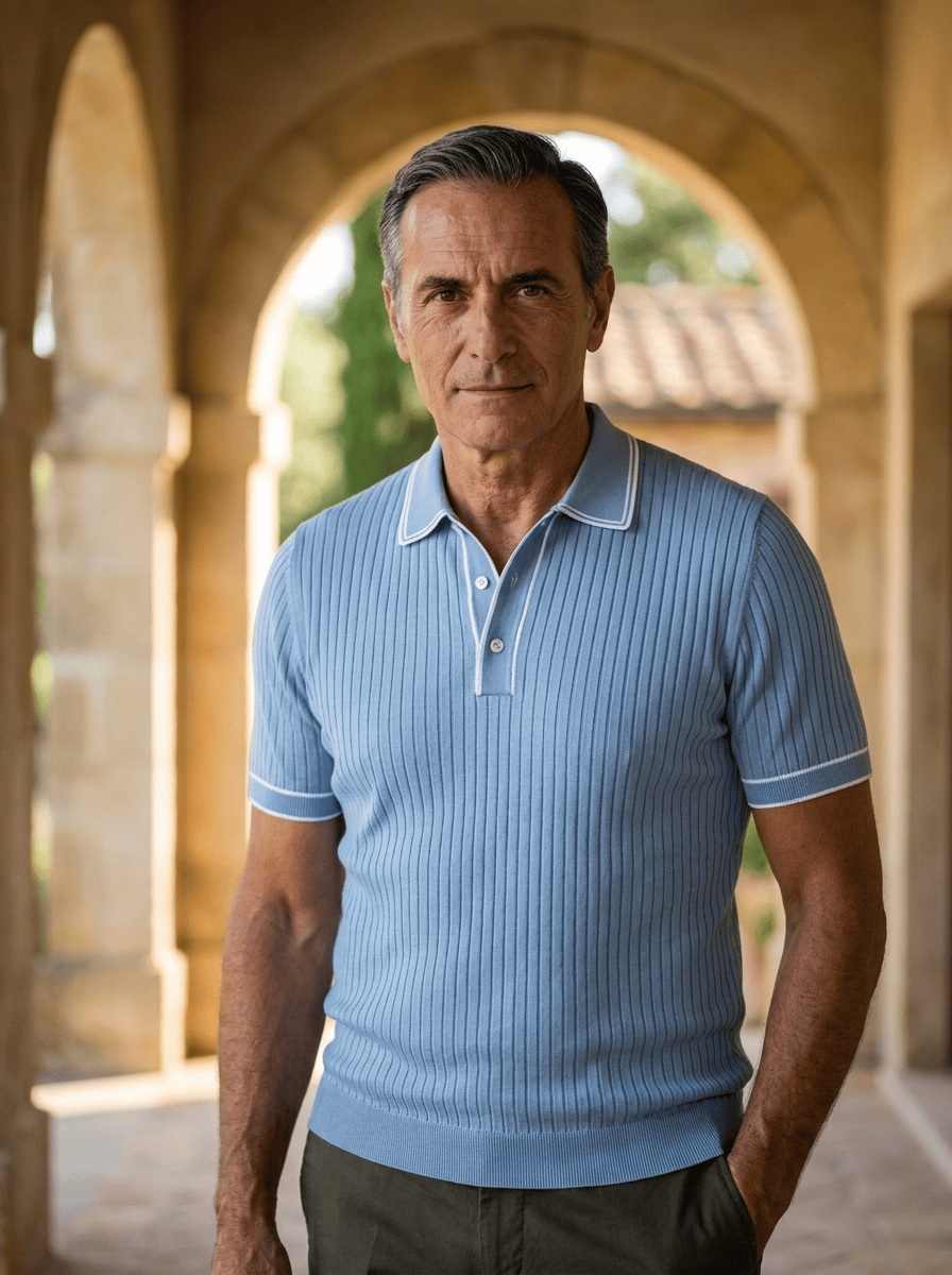 Voorzijde van een marineblauw geribbeld gebreid poloshirt, op een witte achtergrond, toont de fijne textuur.