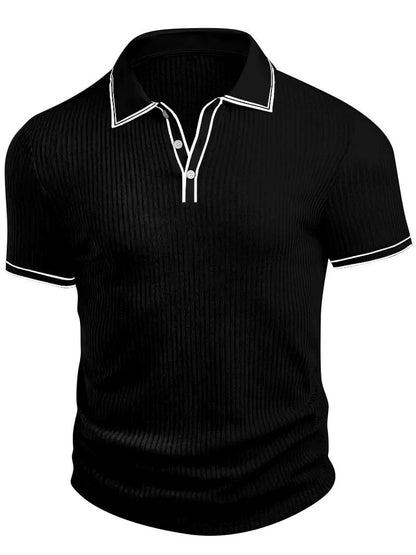Overzicht van het geribbelde gebreide poloshirt in alle beschikbare kleuren, gepresenteerd als een kleurenpalet.