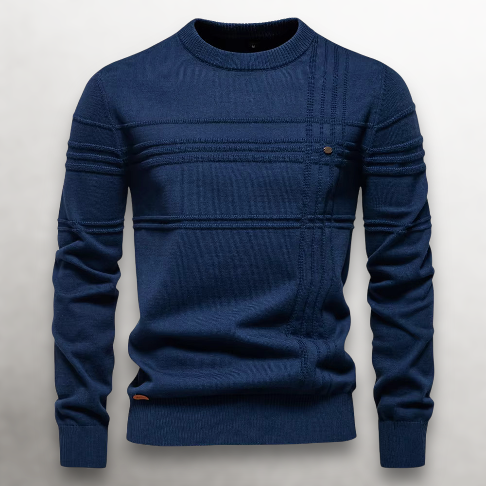 Marineblauwe heren trui, frontaal gepresenteerd, ideaal voor een stijlvolle smart casual look.
