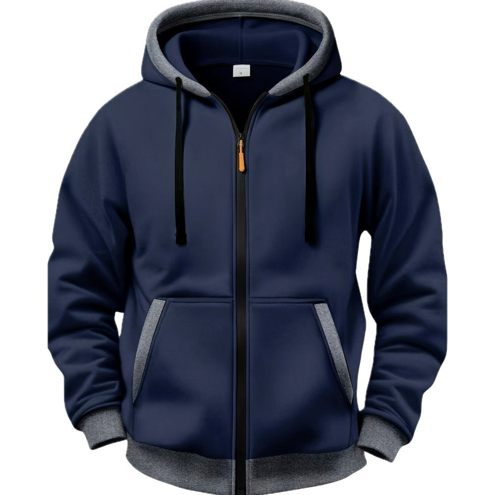 Zijprofiel van de effen gekleurde hoodie, met nadruk op de mouwen en de pasvorm.